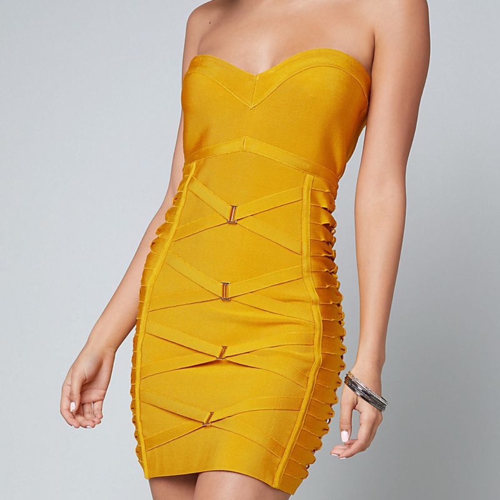 Bebe Strapless Bandage Dress Mustard Yellow